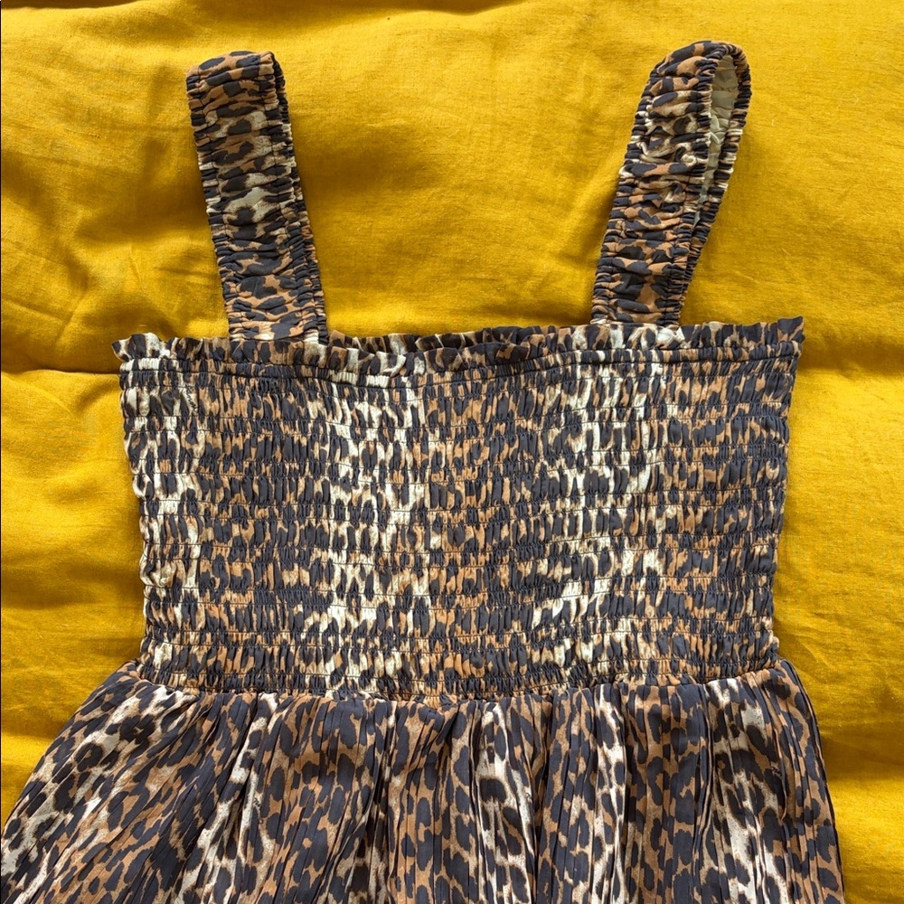 GANNI Leopard Pleated Georgette Flounce Smock Midi Dress